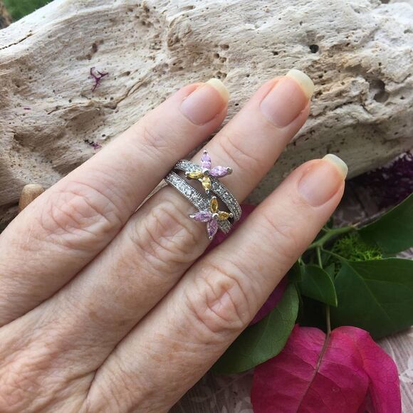 Solid Sterling Silver Cz Flower Ring Size 7 - Picture 5 of 7